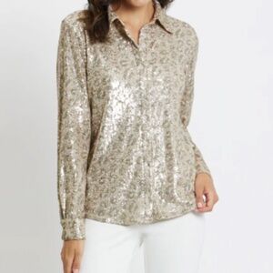 JUDE CONNALLY WOMENS BRANDY SEQUIN BUTTON DOWN TOP BLOUSE CHEETAH SIZE XS